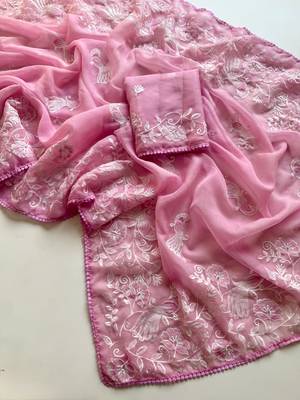 Pink Color Vari Chiffon Floral Embroidered Saree 2