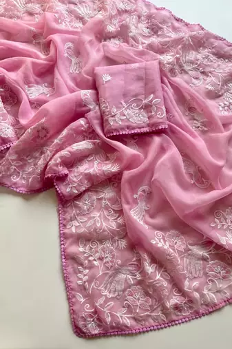 Pink Color Vari Chiffon Floral Embroidered Saree