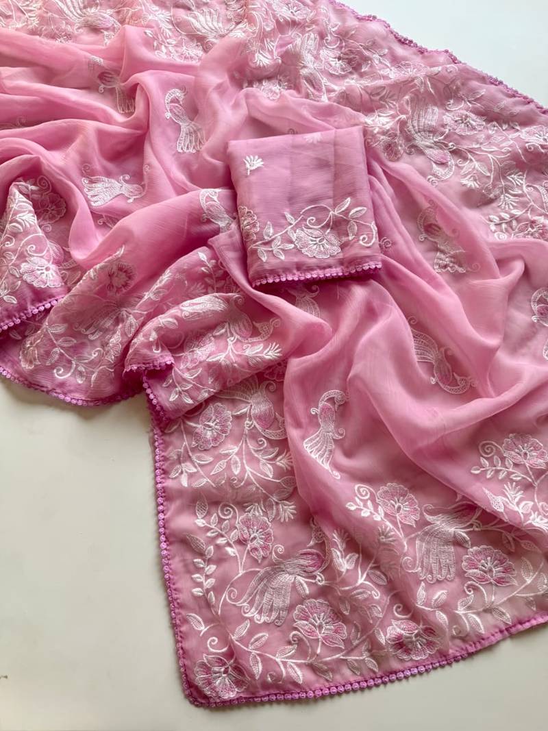Pink Color Vari Chiffon Floral Embroidered Saree