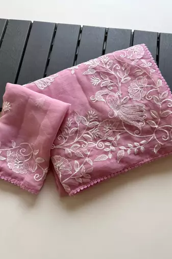 Pink Color Vari Chiffon Floral Embroidered Saree