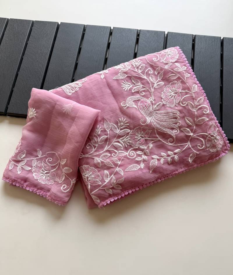 Pink Color Vari Chiffon Floral Embroidered Saree