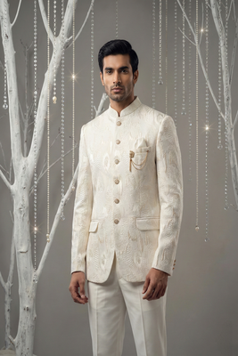 Ivory thread embroidered bandhgala on silk 1