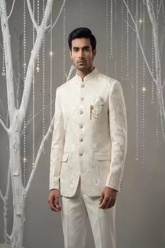 Ivory thread embroidered bandhgala on silk