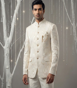 Ivory thread embroidered bandhgala on silk