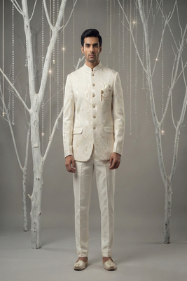 Ivory thread embroidered bandhgala on silk 2