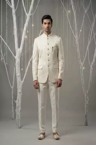 Ivory thread embroidered bandhgala on silk