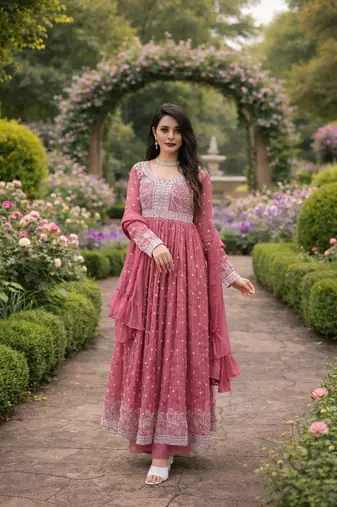 Pink Color Rich Sequins & Thread Embroidered work Faux Georgette Kurti  Plazzo Set
