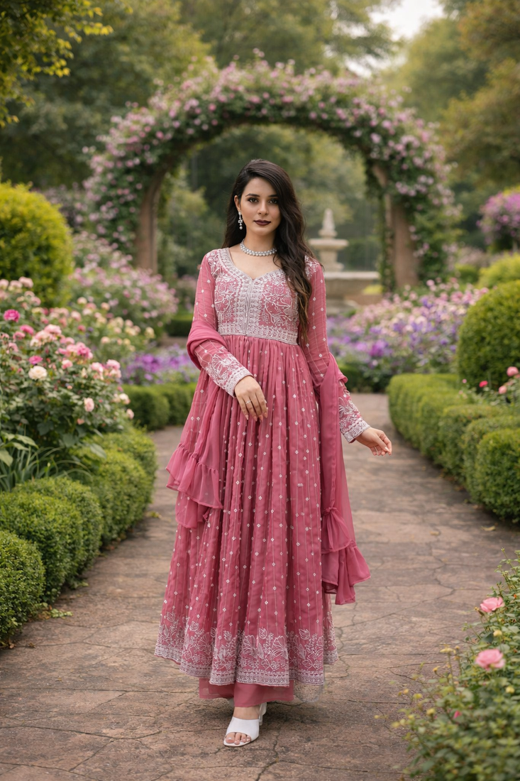 Pink Color Rich Sequins & Thread Embroidered work Faux Georgette Kurti  Plazzo Set