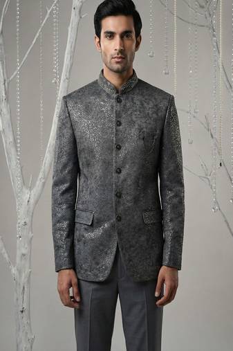 Grey sequins embroidered bandhgala with collar embroidery