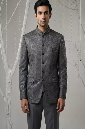 Grey sequins embroidered bandhgala with collar embroidery