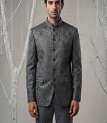 Grey sequins embroidered bandhgala with collar embroidery