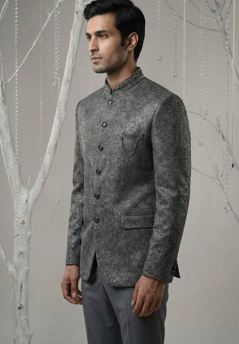 Grey sequins embroidered bandhgala with collar embroidery