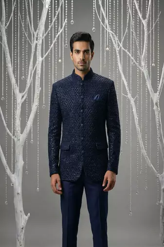 Blue thread embroidered bandhgala