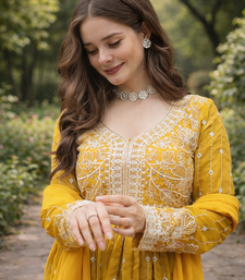 Yellow Color Rich Sequins & Thread Embroidered work Faux Georgette Kurti  Plazzo Set