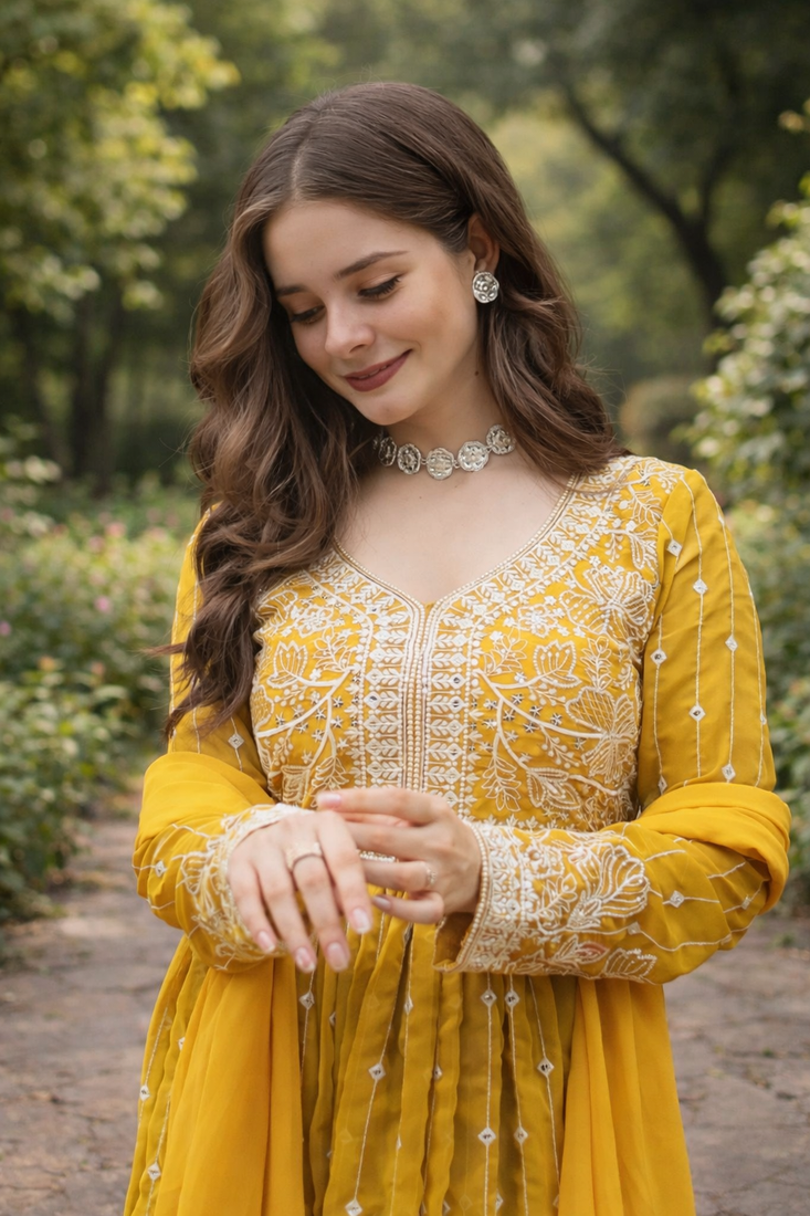 Yellow Color Rich Sequins & Thread Embroidered work Faux Georgette Kurti  Plazzo Set