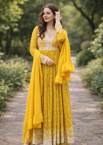 Yellow Color Rich Sequins & Thread Embroidered work Faux Georgette Kurti  Plazzo Set