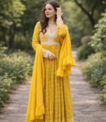 Yellow Color Rich Sequins & Thread Embroidered work Faux Georgette Kurti  Plazzo Set