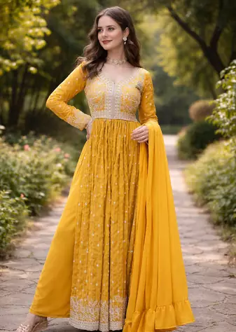 Yellow Color Rich Sequins & Thread Embroidered work Faux Georgette Kurti  Plazzo Set