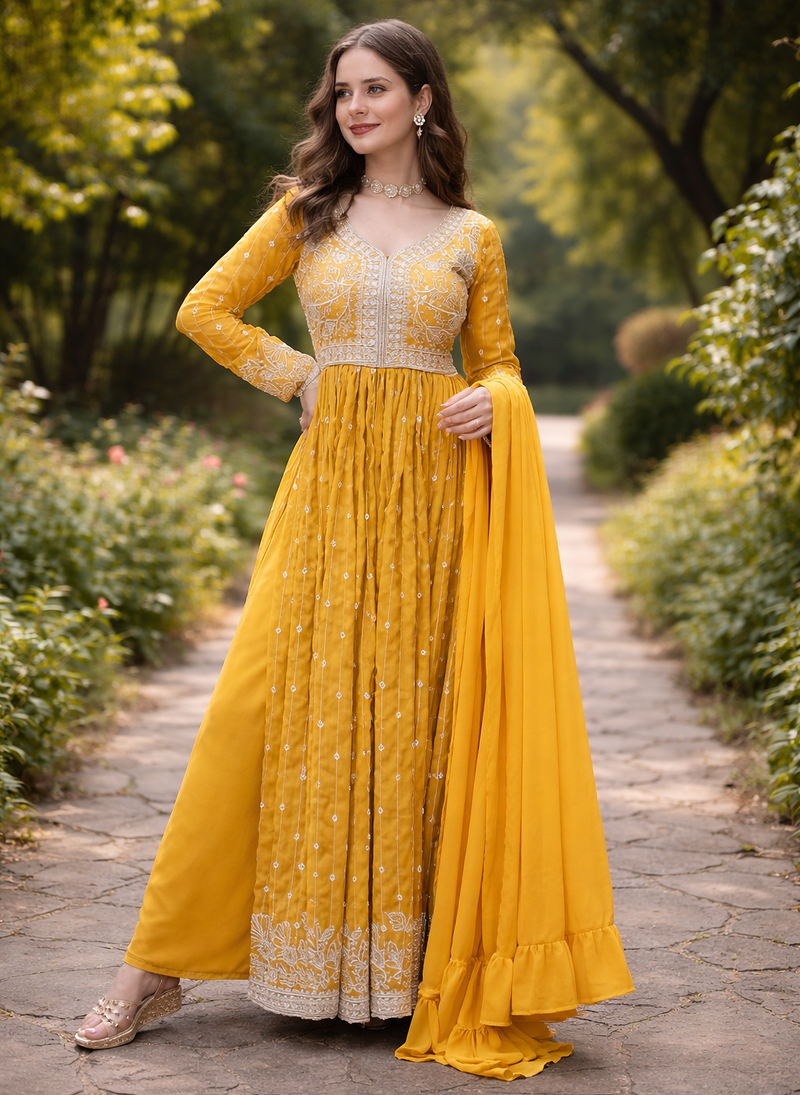 Yellow Color Rich Sequins & Thread Embroidered work Faux Georgette Kurti  Plazzo Set