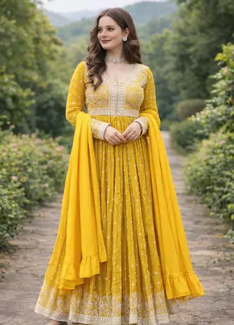 Yellow Color Rich Sequins & Thread Embroidered work Faux Georgette Kurti  Plazzo Set
