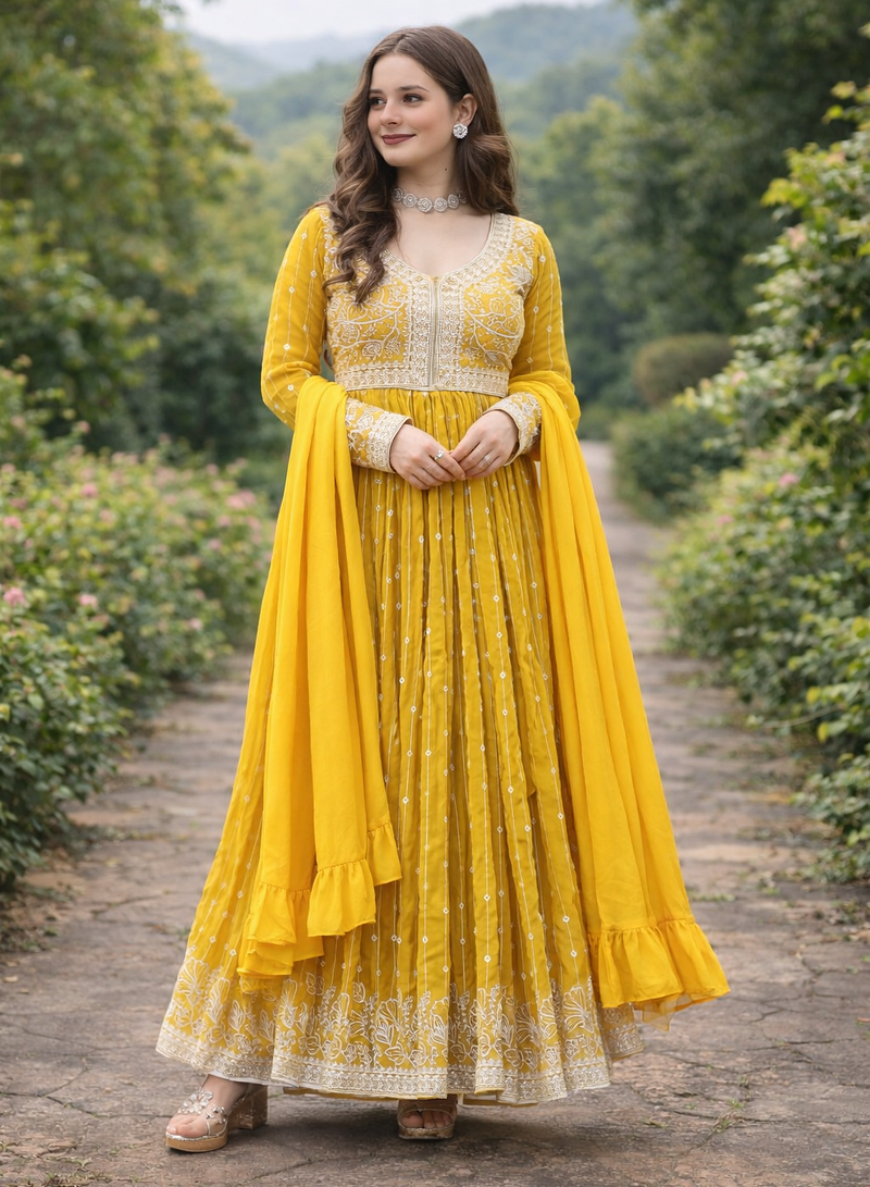 Yellow Color Rich Sequins & Thread Embroidered work Faux Georgette Kurti  Plazzo Set