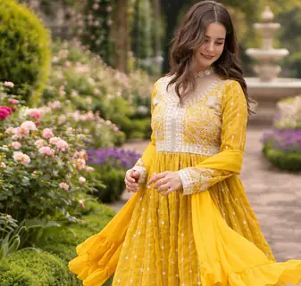 Yellow Color Rich Sequins & Thread Embroidered work Faux Georgette Kurti  Plazzo Set