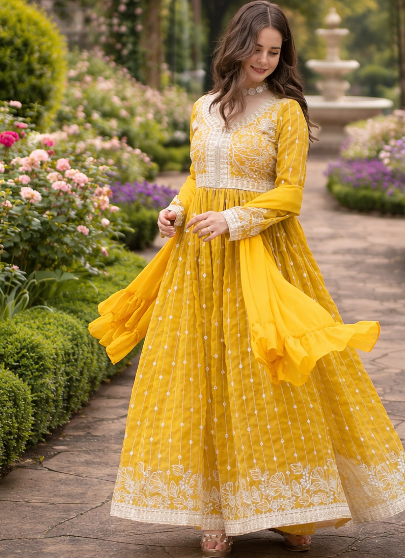 Yellow Color Rich Sequins & Thread Embroidered work Faux Georgette Kurti  Plazzo Set