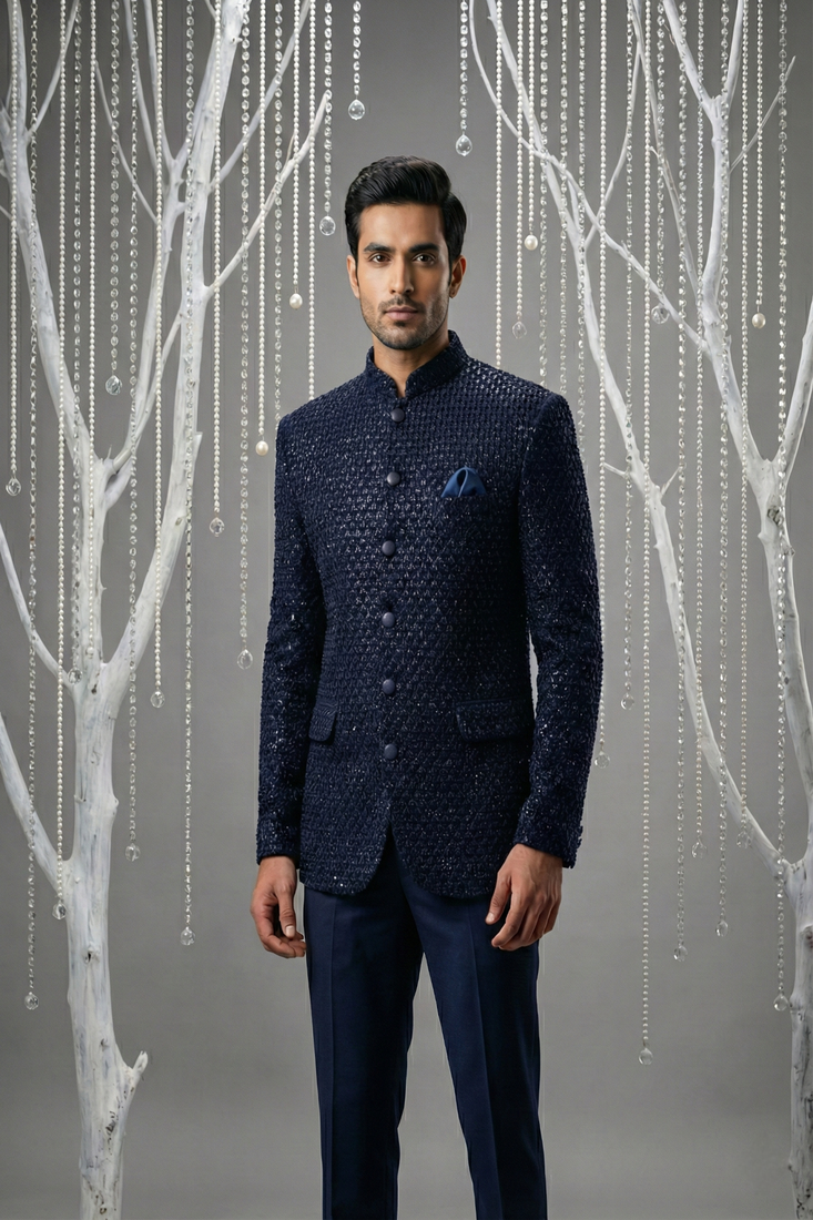 Blue thread embroidered bandhgala
