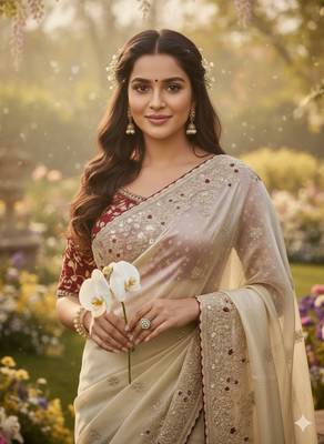 Off White Color Designer Embroidered Detailing Space Silk Saree 2