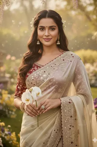 Off White Color Designer Embroidered Detailing Space Silk Saree