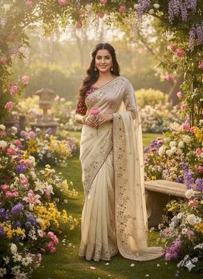 Off White Color Designer Embroidered Detailing Space Silk Saree 1