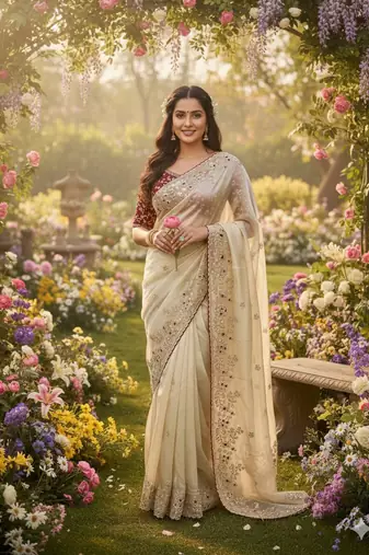 Off White Color Designer Embroidered Detailing Space Silk Saree