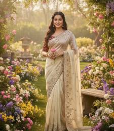 Off White Color Designer Embroidered Detailing Space Silk Saree