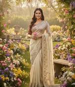 Off White Color Designer Embroidered Detailing Space Silk Saree