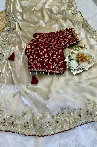 Off White Color Designer Embroidered Detailing Space Silk Saree