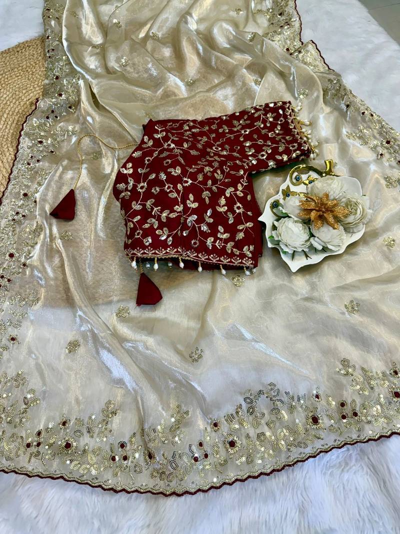 Off White Color Designer Embroidered Detailing Space Silk Saree