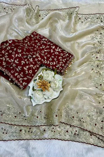 Off White Color Designer Embroidered Detailing Space Silk Saree
