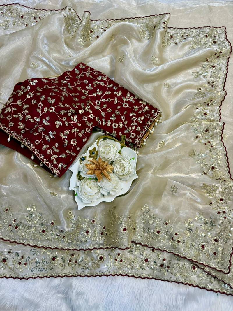 Off White Color Designer Embroidered Detailing Space Silk Saree