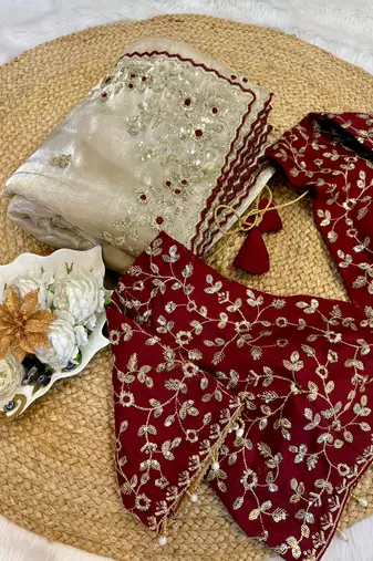 Off White Color Designer Embroidered Detailing Space Silk Saree