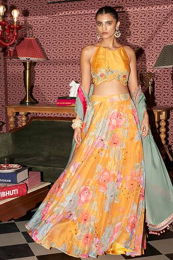 yellow floral crepe lehenga set with embroidered blouse