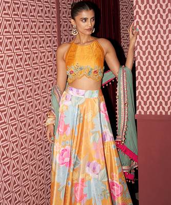 yellow floral crepe lehenga set with embroidered blouse 2