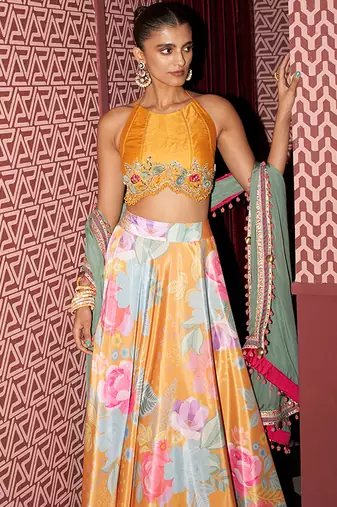 yellow floral crepe lehenga set with embroidered blouse