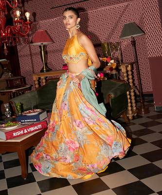 yellow floral crepe lehenga set with embroidered blouse 3