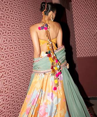 yellow floral crepe lehenga set with embroidered blouse 4