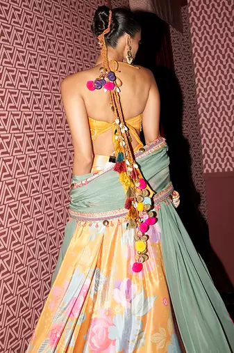 yellow floral crepe lehenga set with embroidered blouse
