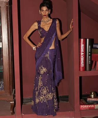 purple organza lehenga set with gold embroidery 1