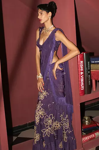 purple organza lehenga set with gold embroidery