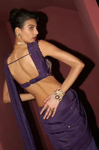 purple organza lehenga set with gold embroidery