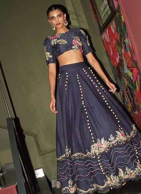 blue chanderi lehenga set with floral embroidery 1