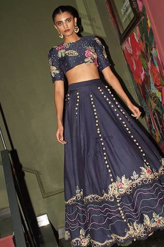 blue chanderi lehenga set with floral embroidery